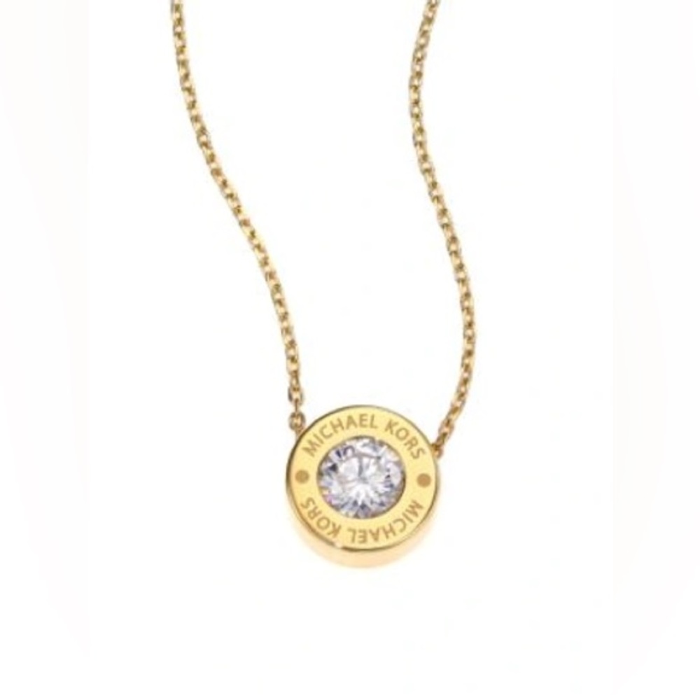 Michael Kors Logo Pendant, 16” Chain 2” Extender Gold Tone Brilliance Collection